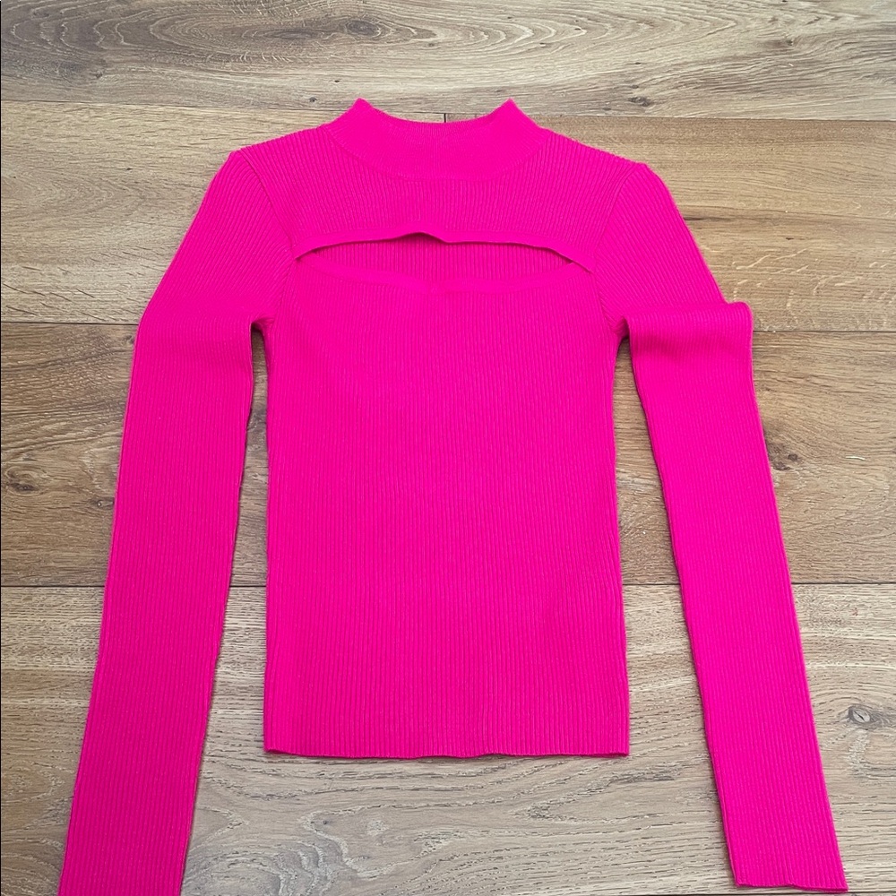 Vibrant Pink Mock Neck Ribbed Sweater with Keyhole front cutout.